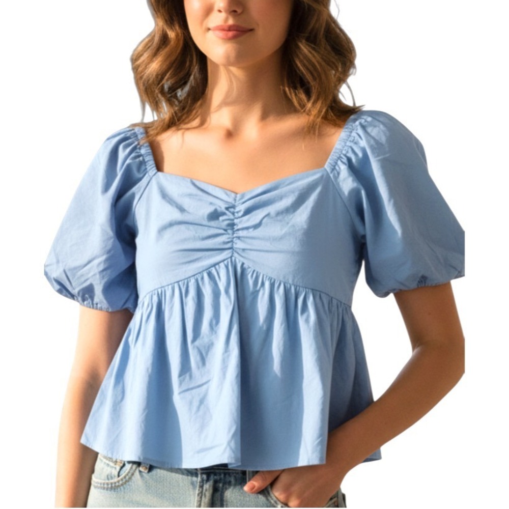 JAPNA Light Blue Poplin BABYDOLL TOP Smocked Back PEPLUM PUFF SLEEVE Cotton S